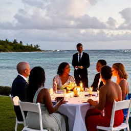 Caribbean Holidays, Guadeloupe Weddings, Wedding couple and guests enjoying a candlelit outdoor dinner beside the sea in Guadeloupe