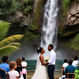 Caribbean Holidays, Guadeloupe Weddings, Wedding couple exploring Guadeloupe after their ceremony, visiting a waterfall and scenic tropical coastline with family