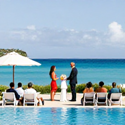 Caribbean Holidays, Guadeloupe Weddings, Wedding guests relaxing around a resort pool overlooking the Caribbean Sea in Guadeloupe