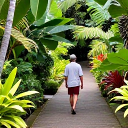 Caribbean Holidays, Guadeloupe Wellness, A calm tropical garden path in Guadeloupe leading towards lush rainforest, with a visitor taking a gentle mindful walk