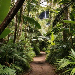 Caribbean Holidays, Guadeloupe Wellness, A calm tropical trail through Basse-Terre rainforest in Guadeloupe, lush foliage, gentle sunlight and a small waterfall