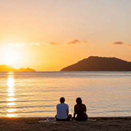 Caribbean Holidays, Guadeloupe Wellness, A couple relaxing on a quiet Guadeloupe beach at sunset, with calm sea, warm golden light and distant hills