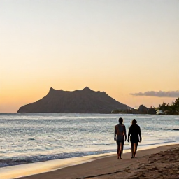 Caribbean Holidays, Guadeloupe Wellness, A couple walking quietly along a secluded Guadeloupe beach at sunset, warm sky, calm sea and volcanic mountains in the distance