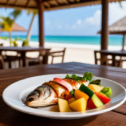 Caribbean Holidays, Guadeloupe Wellness, A healthy Creole-inspired meal with fresh fish, tropical fruit and vegetables at a relaxed Guadeloupe restaurant terrace