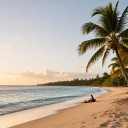 Caribbean Holidays, Guadeloupe Wellness, A peaceful Guadeloupe beach at sunrise in December, with calm turquoise water, soft sand, palm trees and a person relaxing beside the shore