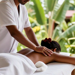 Caribbean Holidays, Guadeloupe Wellness, A person receiving a relaxing massage at an open-air wellness spa surrounded by tropical greenery in Guadeloupe