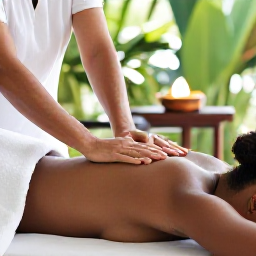 Caribbean Holidays, Guadeloupe Wellness, A person receiving a relaxing massage in a serene Guadeloupe spa, natural materials, tropical greenery and soft daylight