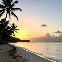 Caribbean Holidays, Guadeloupe Wellness, A quiet Guadeloupe beach at sunrise in February, calm turquoise water, soft golden light and a few palm trees