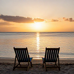 Caribbean Holidays, Guadeloupe Wellness, A quiet Guadeloupe beach at sunset in December, with two deckchairs, calm water and warm golden light creating a peaceful holiday atmosphere
