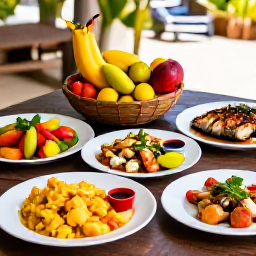 Caribbean Holidays, Guadeloupe Wellness, A relaxed outdoor table in Guadeloupe serving fresh tropical fruit, grilled fish and colourful Caribbean dishes