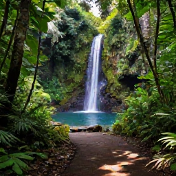Caribbean Holidays, Guadeloupe Wellness, A shaded tropical path through Guadeloupe rainforest leading towards a peaceful waterfall pool