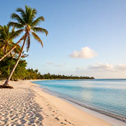 Caribbean Holidays, Guadeloupe Wellness, A tranquil Guadeloupe beach in June with calm turquoise water, soft white sand and palm trees in warm morning light