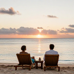 Caribbean Holidays, Guadeloupe Wellness, Couple relaxing on a quiet Guadeloupe beach at sunset, comfortable loungers, calm sea and warm evening light