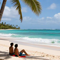 Caribbean Holidays, Guadeloupe Wellness, Couple relaxing on a quiet Guadeloupe beach with gentle waves, shaded palms and a peaceful Caribbean landscape