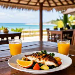 Caribbean Holidays, Guadeloupe Wellness, Fresh Guadeloupe Creole meal with tropical fruit, grilled fish and colourful vegetables on a shaded terrace
