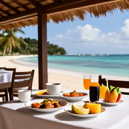 Caribbean Holidays, Guadeloupe Wellness, Healthy Creole breakfast and fresh tropical fruit served on a shaded terrace overlooking the Guadeloupe coast