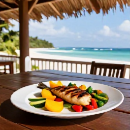 Caribbean Holidays, Guadeloupe Wellness, Healthy Creole-inspired meal with fresh fruit, grilled fish and vegetables on a shaded Guadeloupe terrace