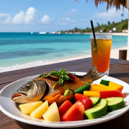 Caribbean Holidays, Guadeloupe Wellness, Healthy Creole lunch with fresh fish, colourful vegetables and tropical fruit at a waterside restaurant in Guadeloupe
