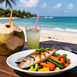 Caribbean Holidays, Guadeloupe Wellness, Healthy Creole meal with fresh fish, colourful vegetables, tropical fruit and coconut water on a relaxed Guadeloupe terrace