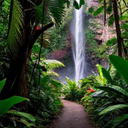 Caribbean Holidays, Guadeloupe Wellness, Lush Guadeloupe rainforest path leading to a waterfall, tropical plants, soft daylight and a peaceful atmosphere