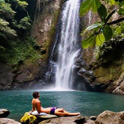 Caribbean Holidays, Guadeloupe Wellness, Lush Guadeloupe rainforest waterfall and natural pool on Basse-Terre, peaceful tropical scenery with a visitor relaxing nearby