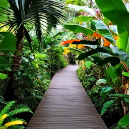 Caribbean Holidays, Guadeloupe Wellness, Lush Guadeloupe rainforest with a wooden footpath, tropical plants, soft filtered sunlight and a gentle stream