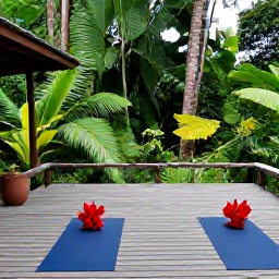 Caribbean Holidays, Guadeloupe Wellness, Open-air wellness retreat in Guadeloupe surrounded by lush rainforest, wooden deck, yoga mats and tropical plants