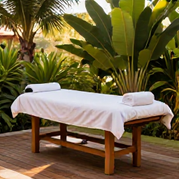 Caribbean Holidays, Guadeloupe Wellness, Open-air wellness treatment in a lush Guadeloupe garden, massage table, tropical leaves and warm natural light