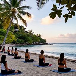 Caribbean Holidays, Guadeloupe Wellness, Open-air yoga session beside a tropical beach in Guadeloupe, morning light, lush vegetation and calm sea