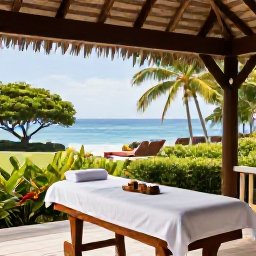 Caribbean Holidays, Guadeloupe Wellness, Outdoor spa treatment on a shaded terrace in Guadeloupe overlooking tropical gardens and the sea