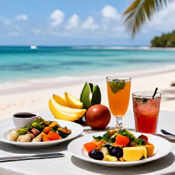 Caribbean Holidays, Guadeloupe Wellness, Outdoor table in Guadeloupe with fresh tropical fruit, herbal drink and healthy Creole-inspired food overlooking the sea