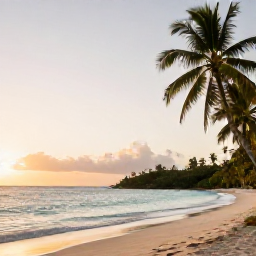 Caribbean Holidays, Guadeloupe Wellness, Peaceful Guadeloupe beach at sunrise in February, calm turquoise water, soft golden light, tropical palms and a quiet wellness holiday atmosphere