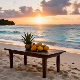 Caribbean Holidays, Guadeloupe Wellness, Peaceful Guadeloupe beach at sunset with a small table, fresh tropical fruit and a view across the Caribbean Sea