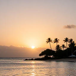 Caribbean Holidays, Guadeloupe Wellness, Peaceful Guadeloupe coastline at sunset, soft orange sky, calm bay and silhouettes of palm trees