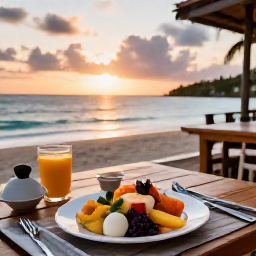 Caribbean Holidays, Guadeloupe Wellness, Peaceful Guadeloupe seaside restaurant at sunset, healthy Creole meal, fresh fruit and sea views