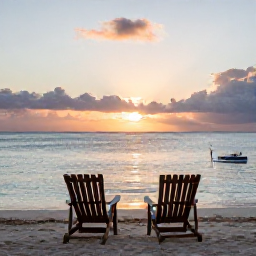 Caribbean Holidays, Guadeloupe Wellness, Peaceful Guadeloupe sunset over a calm beach, with two chairs facing the sea and warm evening light