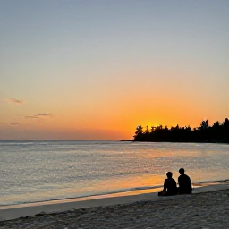 Caribbean Holidays, Guadeloupe Wellness, Peaceful Guadeloupe sunset over a quiet beach, with a couple sitting near the shoreline and warm orange sky