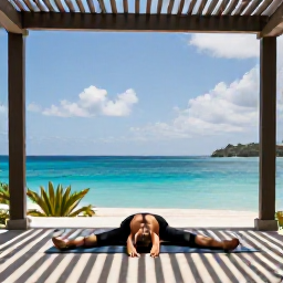 Caribbean Holidays, Guadeloupe Wellness, Person enjoying a gentle yoga session on a shaded terrace overlooking the Caribbean Sea in Guadeloupe