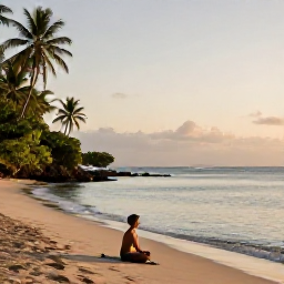 Caribbean Holidays, Guadeloupe Wellness, Person practising gentle yoga on a quiet Guadeloupe beach beside calm sea, tropical vegetation and early morning light