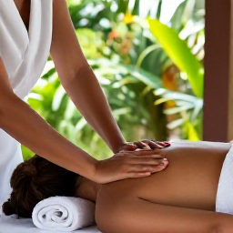 Caribbean Holidays, Guadeloupe Wellness, Person receiving a relaxing massage at an open-air spa in Guadeloupe, tropical greenery and natural light