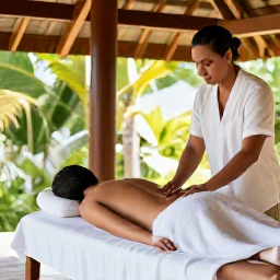 Caribbean Holidays, Guadeloupe Wellness, Person receiving a relaxing spa treatment in a bright Caribbean wellness retreat, with natural wood and tropical greenery