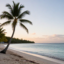 Caribbean Holidays, Guadeloupe Wellness, Quiet Guadeloupe beach at sunrise in October, calm turquoise water, palm trees and a relaxed Caribbean atmosphere