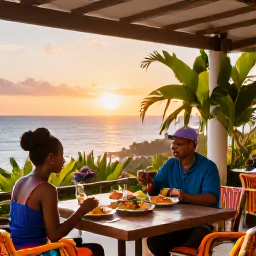 Caribbean Holidays, Guadeloupe Wellness, Quiet Guadeloupe restaurant terrace at sunset, colourful Creole meal, tropical plants and a relaxed couple enjoying local food