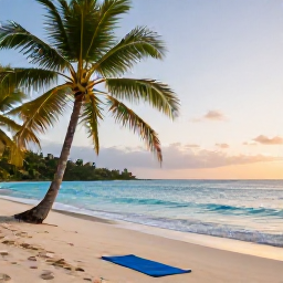 Caribbean Holidays, Guadeloupe Wellness, Quiet tropical beach in Guadeloupe at sunrise, calm turquoise sea, palm trees and a yoga mat on the sand