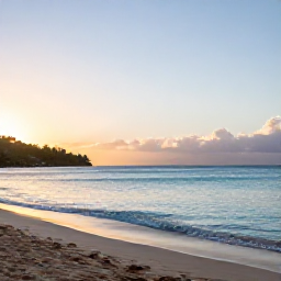 Caribbean Holidays, Guadeloupe Wellness, Quiet tropical beach in Guadeloupe at sunrise, calm turquoise sea, soft golden light and a relaxed holiday atmosphere