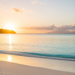 Caribbean Holidays, Guadeloupe Wellness, Quiet tropical beach in Guadeloupe at sunrise, calm turquoise water, soft golden light, a peaceful wellness holiday atmosphere