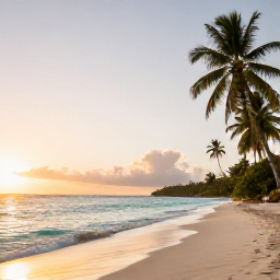 Caribbean Holidays, Guadeloupe Wellness, Quiet tropical beach in Guadeloupe at sunrise, calm turquoise water, soft golden light and a few palm trees