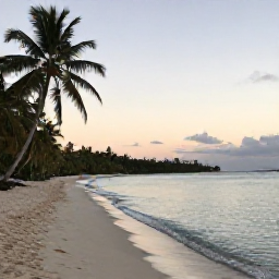 Caribbean Holidays, Guadeloupe Wellness, Quiet tropical beach in Guadeloupe at sunrise, calm turquoise water, soft sand and a few palm trees