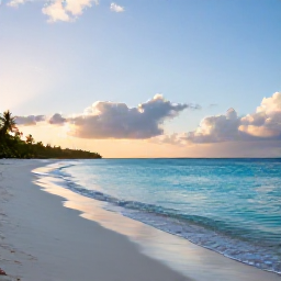 Caribbean Holidays, Guadeloupe Wellness, Quiet tropical beach in Guadeloupe at sunrise, calm turquoise water, soft sand and a relaxed holiday atmosphere