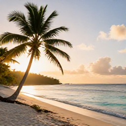 Caribbean Holidays, Guadeloupe Wellness, Quiet tropical beach in Guadeloupe at sunrise, palm trees, calm turquoise water and soft golden light